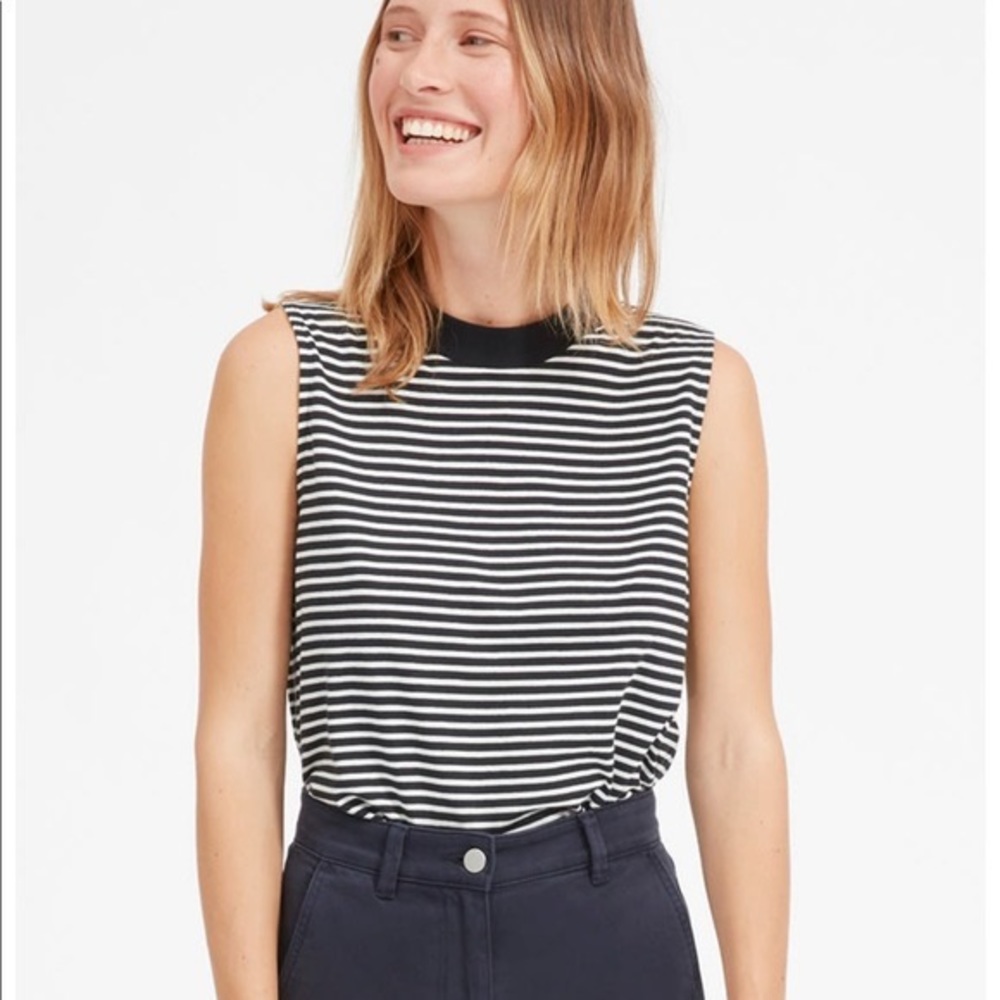 Everlane Cotton Mockneck Muscle Tank, black and white stripe, XS